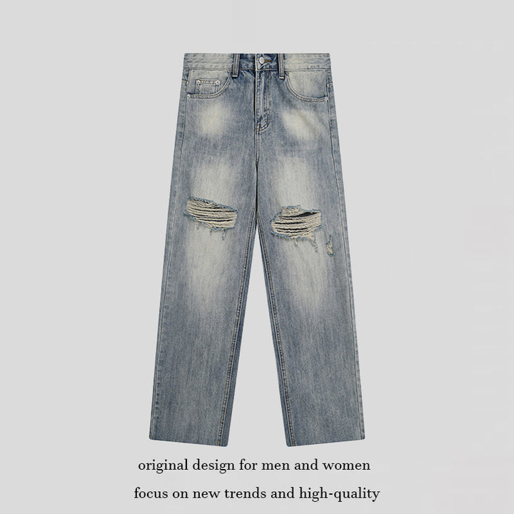 Women’s Wide Destroyed Jeans with High Waist, Straight Leg and Knee Rips Mune Fashion