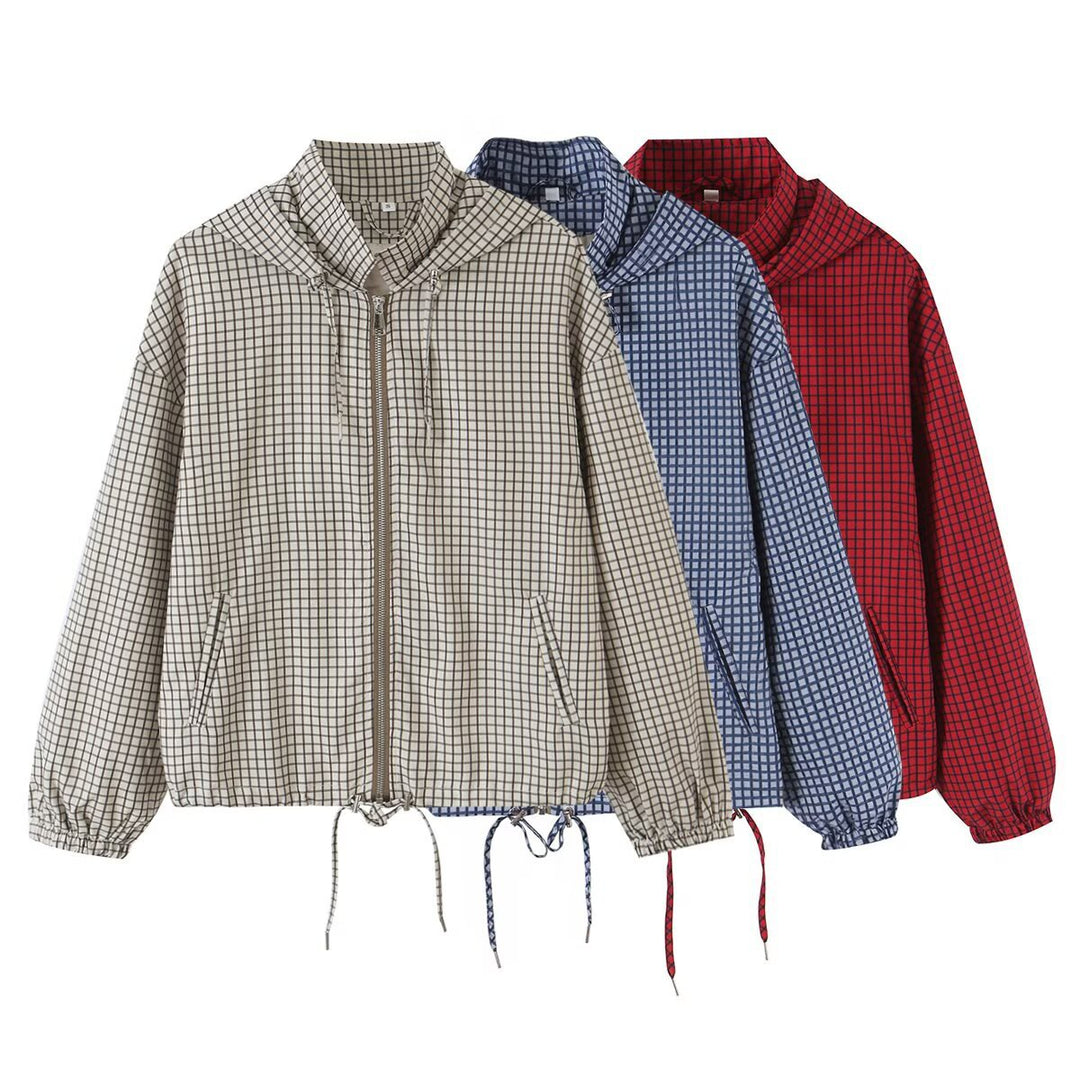 Women Lightweight Hooded Boxy Transitional Jacket with Check Grid Print, Drawstring and Elastic Cuffs Mune Fashion