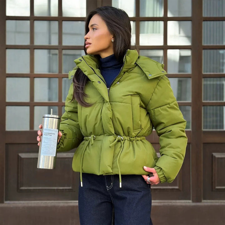 Women’s short padded hooded jacket with waist drawstring and high stand-up collar Mune Fashion