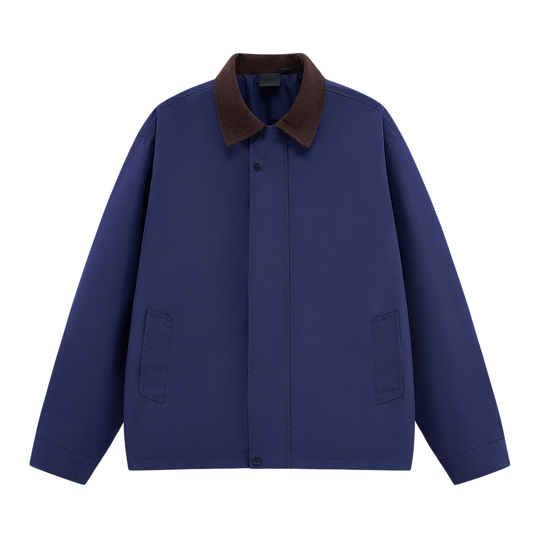 Men's loosely cut transitional jacket with cord collar, concealed snap button placket & side pockets Mune Fashion