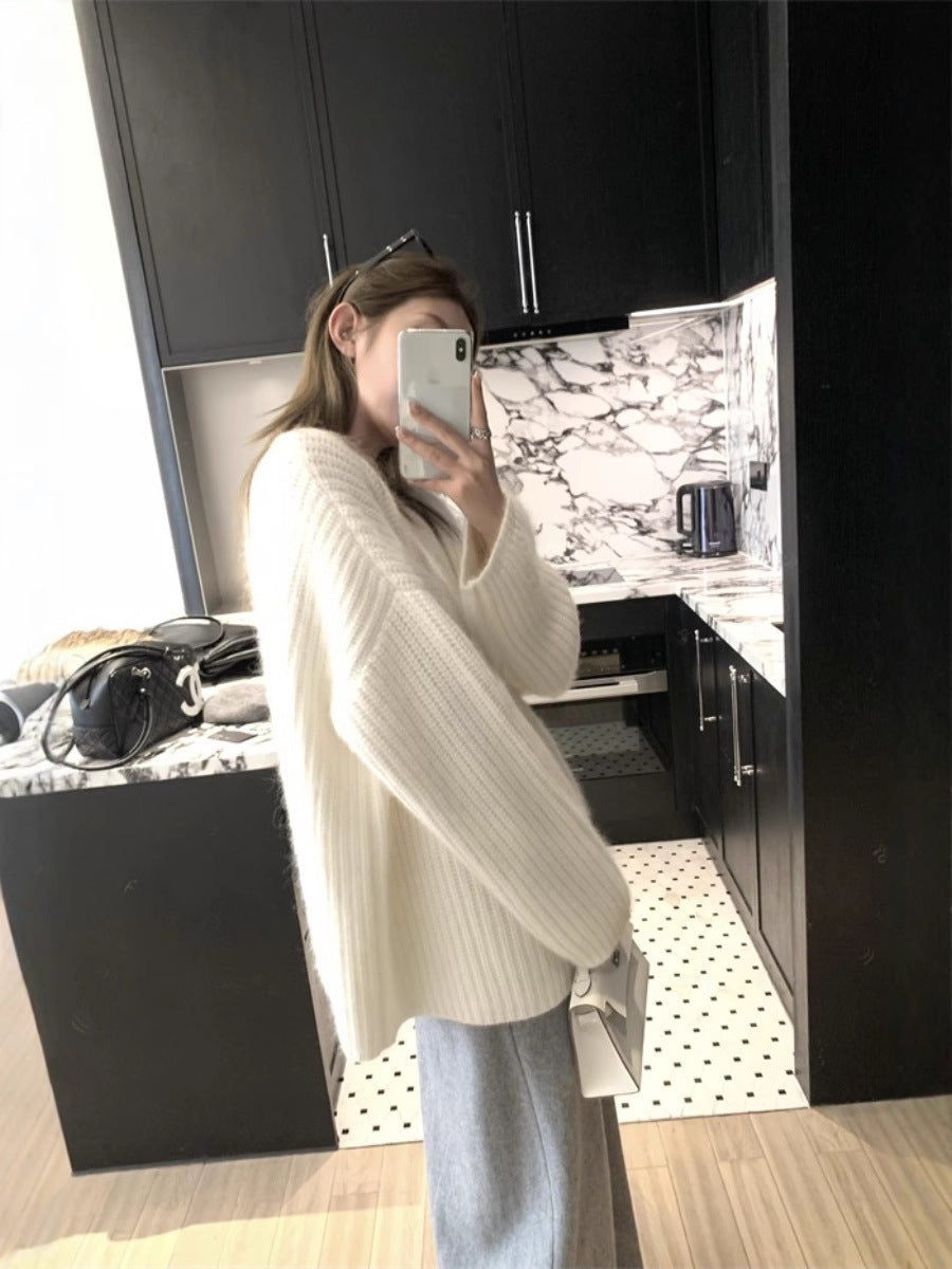 Women's Oversized Fluffy Sweater in Mohair Look with Textured Rib Design Mune Fashion