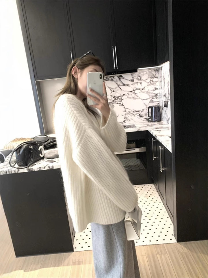 Women's Oversized Fluffy Sweater in Mohair Look with Textured Rib Design Mune Fashion