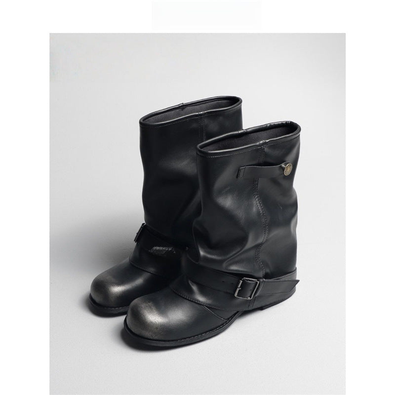 Women Slouchy Biker Boots in Leather Look with Adjustable Buckle Strap and Medium Block Heel Mune Fashion