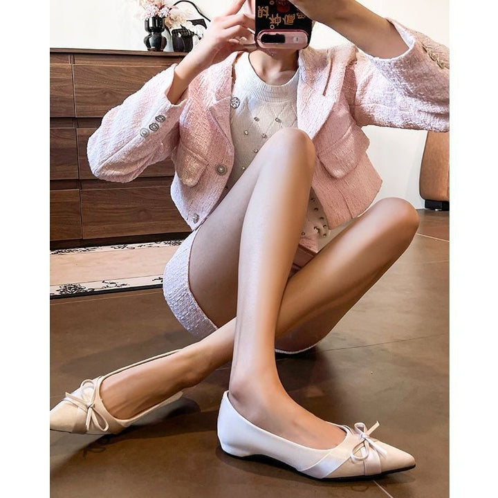 Ladies pointed satin ballerinas with bow detail and padded comfort insole Mune Fashion