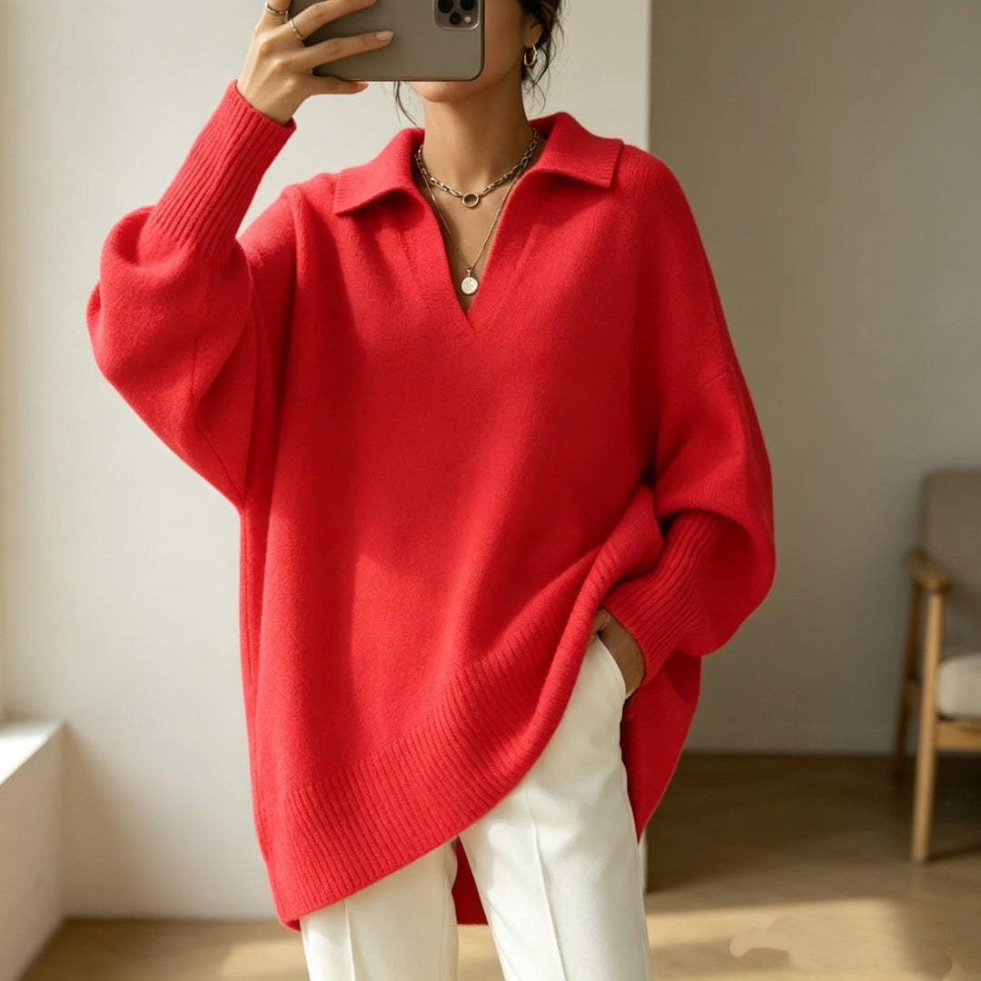 Women Oversize Polo Collar V-Neck Knitted Sweater with Balloon Sleeves Mune Fashion