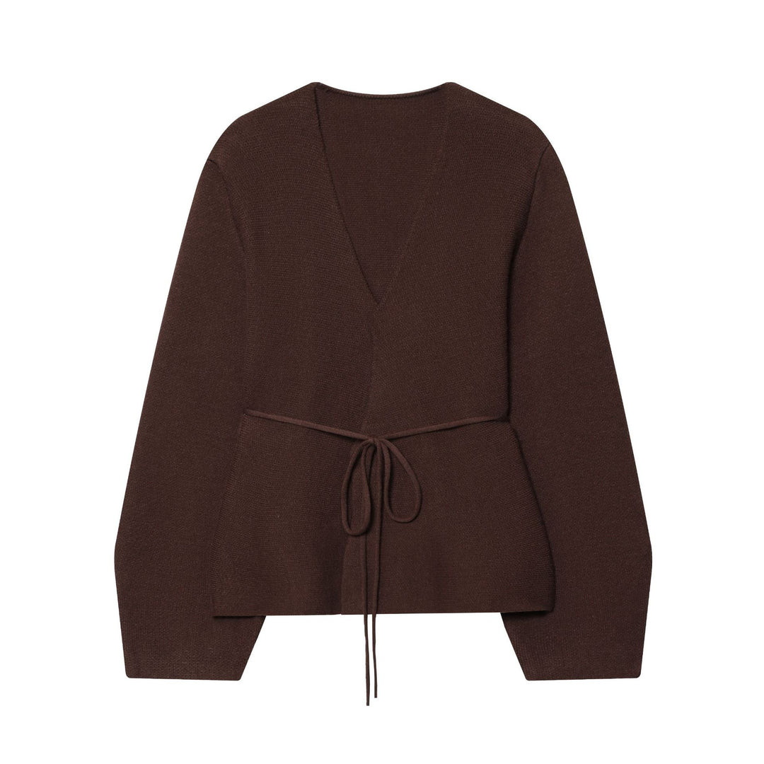 Women’s fitted cardigan with deep V-neck, tie belt and boxy sleeves Mune Fashion