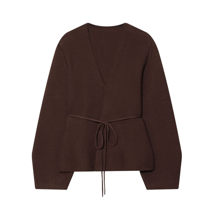 Women’s fitted cardigan with deep V-neck, tie belt and boxy sleeves Mune Fashion