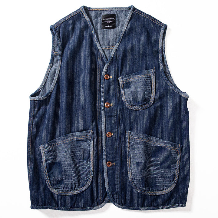 Men's Sleeveless Denim Vest in Workwear Look with Large Patch Pockets Mune Fashion
