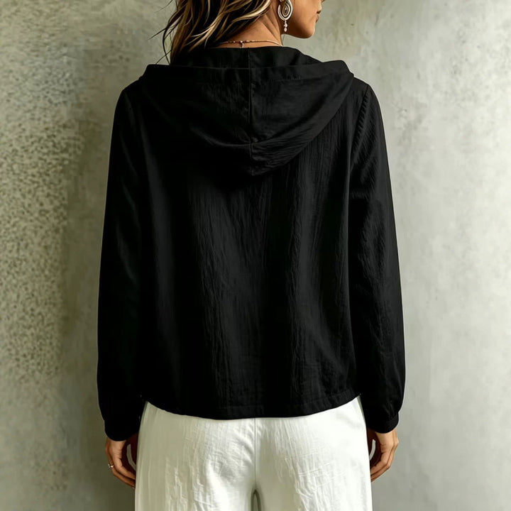 Women's Light Hooded Blouse made of Cotton Crinkle with Button Placket and Drawstring Hem Mune Fashion