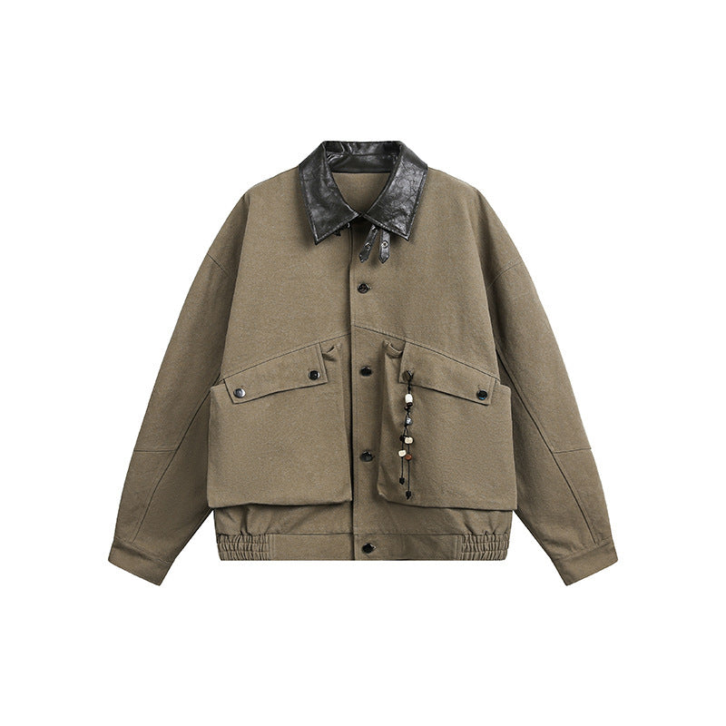 Men's Oversize Harrington Jacket with Faux Leather Collar, Flap Pockets, and Elastic Hem Mune Fashion