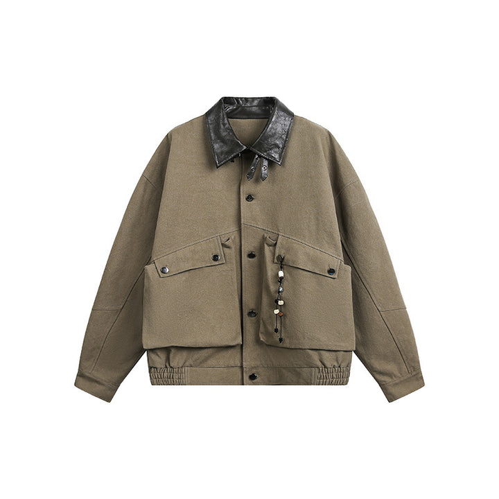 Men's Oversize Harrington Jacket with Faux Leather Collar, Flap Pockets, and Elastic Hem Mune Fashion