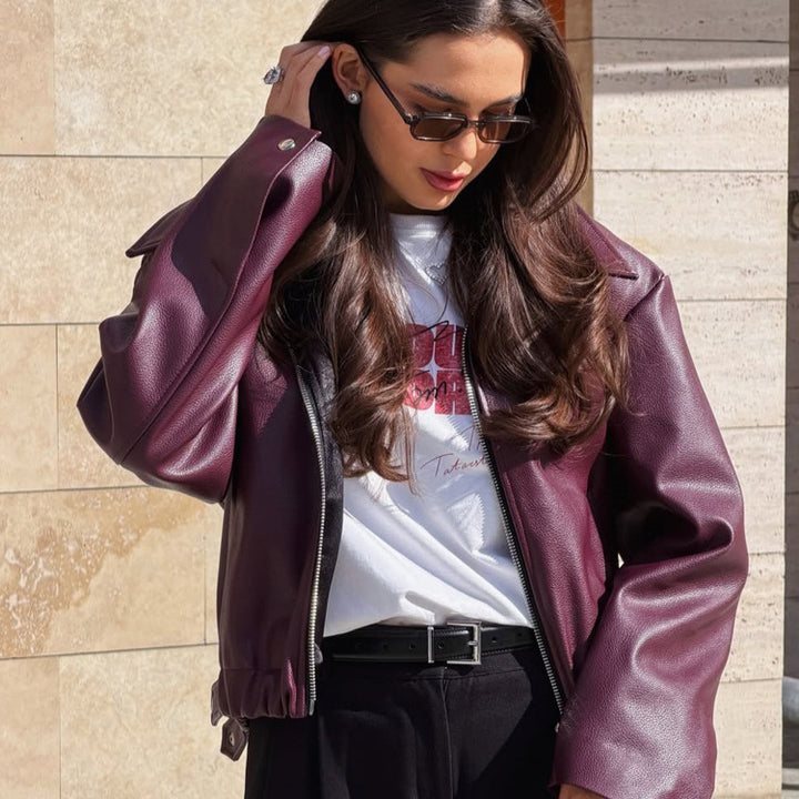 Women Boxy Faux Leather Jacket with Full Zip, Shirt Collar and Light Cropped Cut Mune Fashion