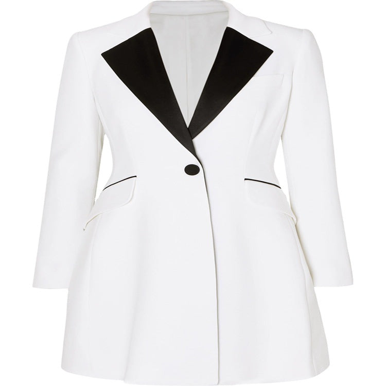 Ladies short tailored blazer dress in tuxedo style with contrasting satin lapels Mune Fashion