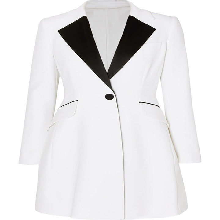 Ladies short tailored blazer dress in tuxedo style with contrasting satin lapels Mune Fashion