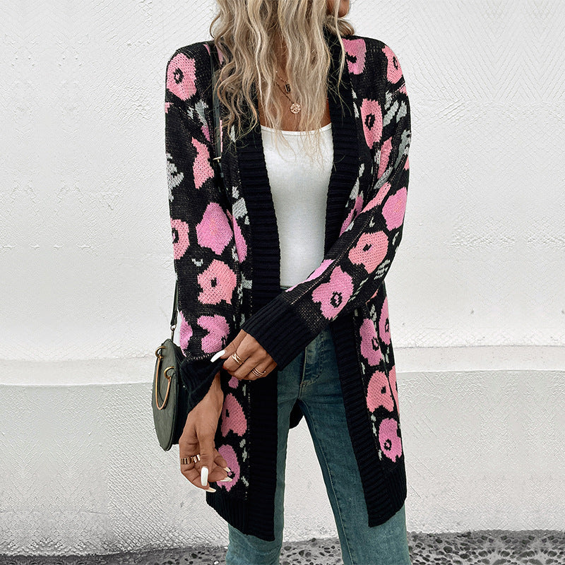 Women's Stylish Knit Coat with Floral Pattern Mune Fashion