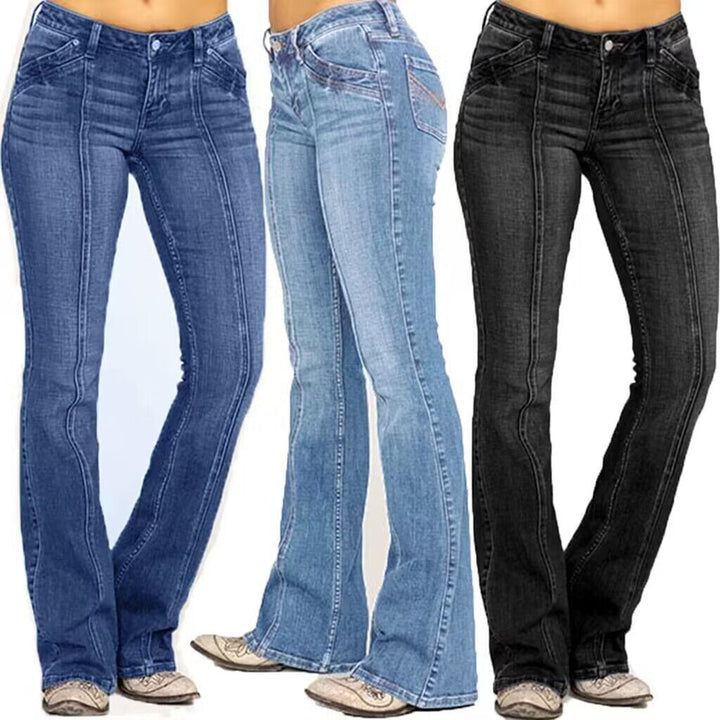 Women's wide flared jeans with high-cut waist, figure-hugging hip cut, and elastic denim Mune Fashion