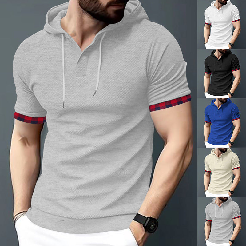 Men's fitted short sleeve hooded polo shirt with Henley placket and drawstring Mune Fashion