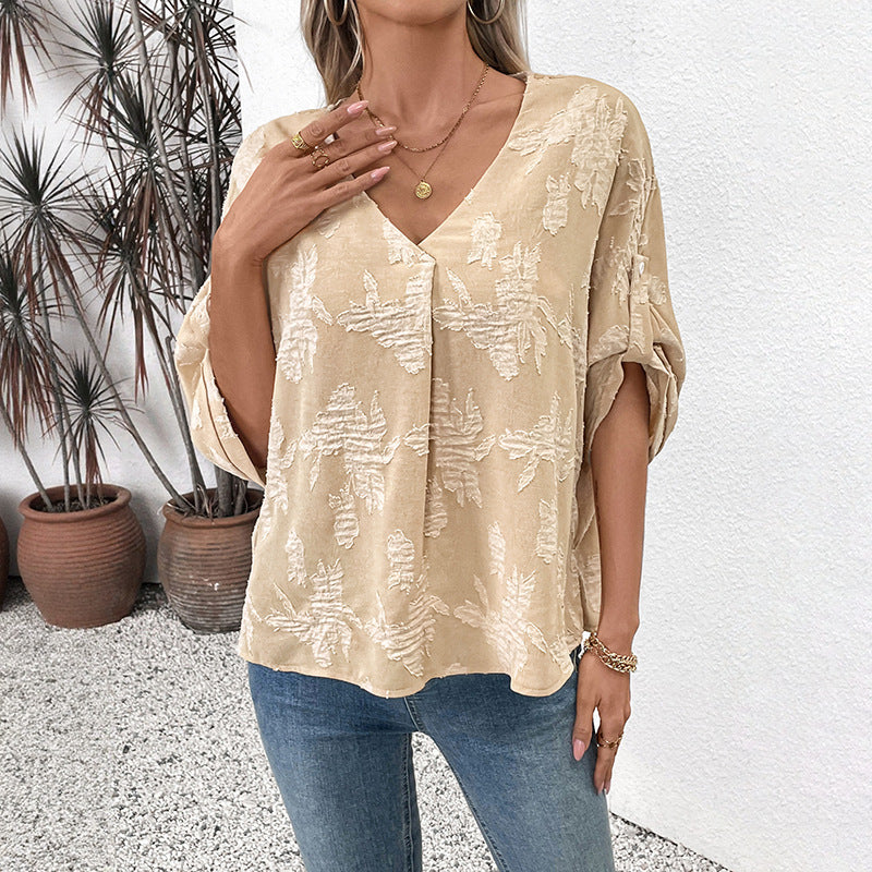 Women's lightweight oversized V-neck blouse with textured jacquard pattern and roll-up sleeves Mune Fashion