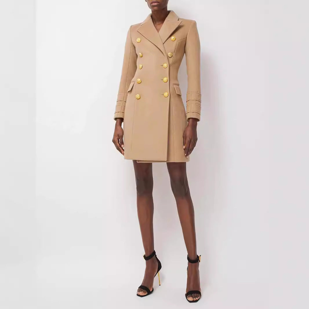 Women’s short coat in blazer dress style with structured waistline and golden decorative buttons Mune Fashion