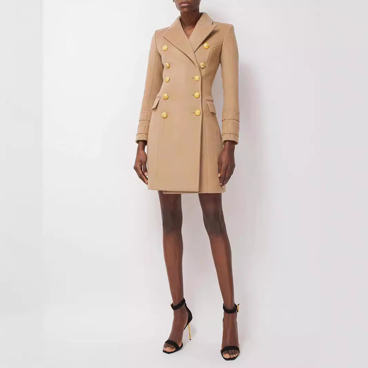 Women’s short coat in blazer dress style with structured waistline and golden decorative buttons Mune Fashion