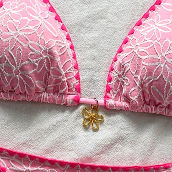 Women Triangle Bikini Set with Floral Embroidery Mune Fashion