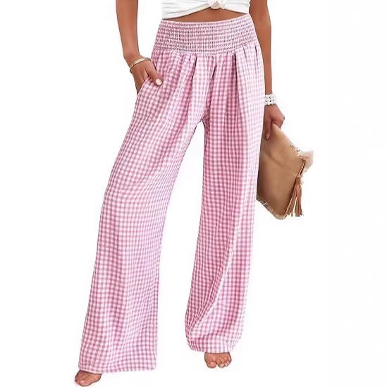 Women Lightweight Palazzo Pants with Smocking Waist, Wide Leg and Check Print Mune Fashion