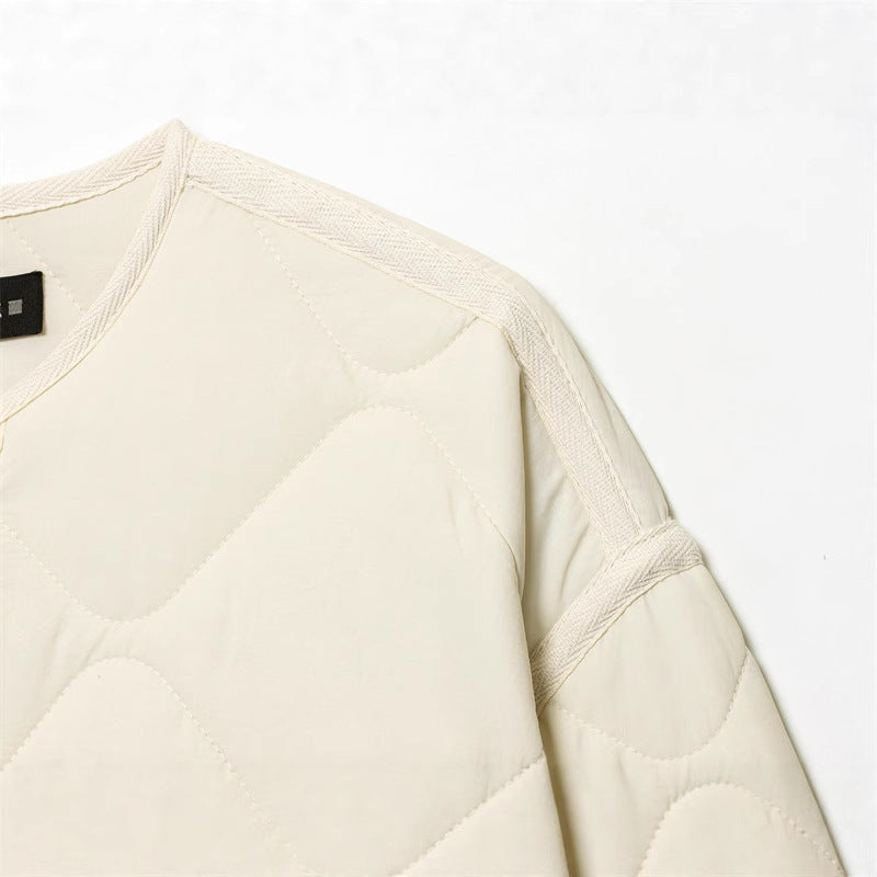 Women's Quilted Oversized Quilted Jacket with Round Neckline, Patch Pockets and Button Placket Mune Fashion