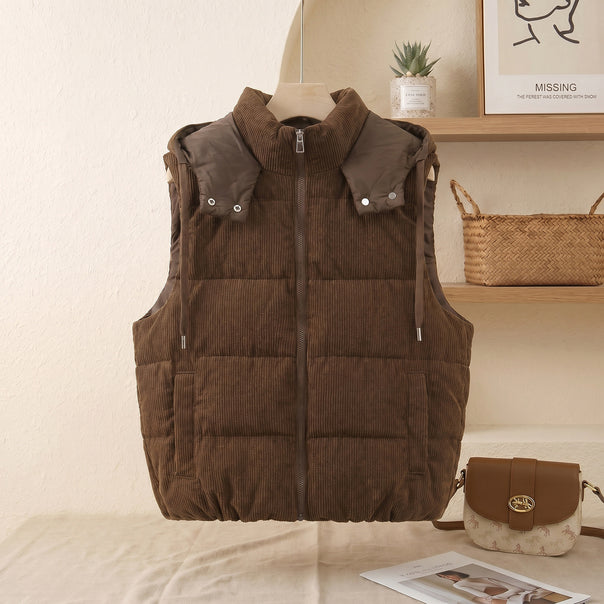 Ladies quilted cord vest with high shawl collar, padded insulation and detachable hood trim Mune Fashion