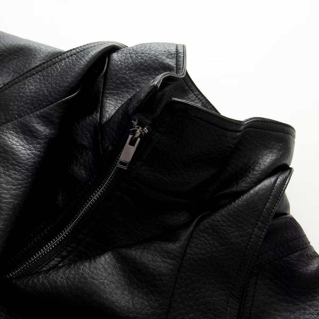Women Oversized Double-Breasted Faux Leather Coat with Drawstring and Stand-Up Collar Mune Fashion