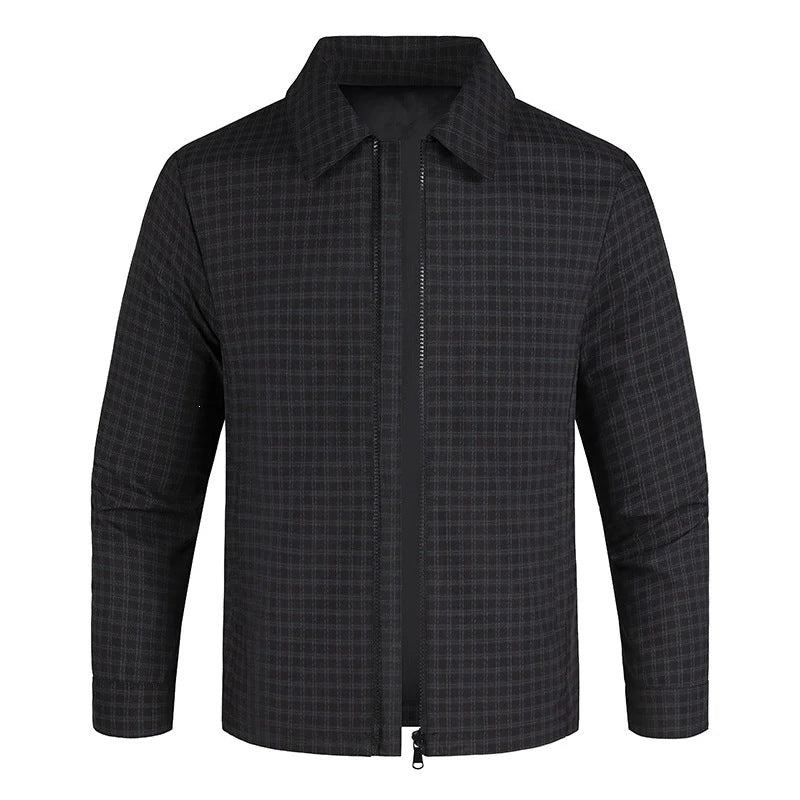 Men's Lightweight Checked Overshirt Jacket with Concealed Two-Way Zipper and Shirt Collar Mune Fashion