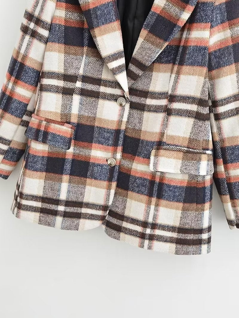 Women's Checked Wool Blend Single-Breasted Blazer with Notch Lapel and Flap Pockets Mune Fashion