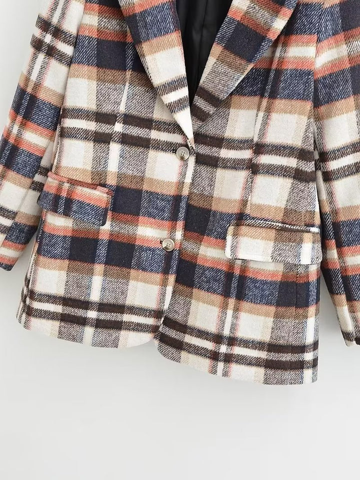 Women's Checked Wool Blend Single-Breasted Blazer with Notch Lapel and Flap Pockets Mune Fashion