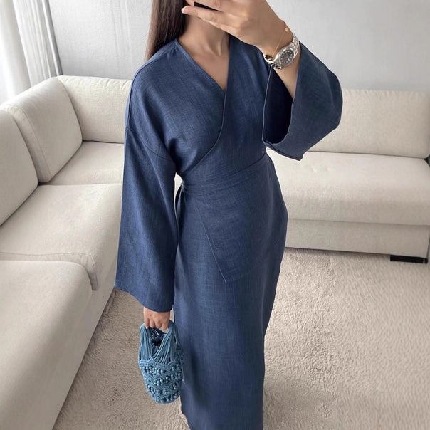 Women's wrap maxi dress in linen look with kimono sleeves and waist belt Mune Fashion