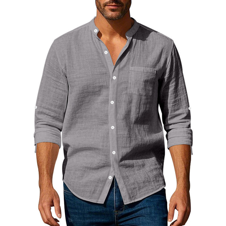 Men's linen shirt with stand-up collar and roll-up sleeves Mune Fashion