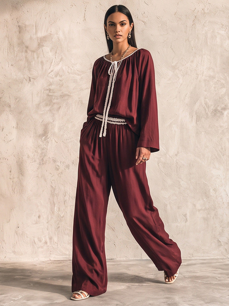 Ladies Flowing Two-Piece Loungewear Set in Silk Look with Wide Palazzo Pants and Gathered Tunic Mune Fashion