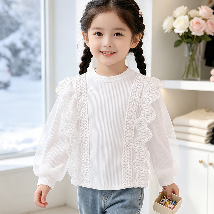 Girl elegant ruffled blouse with transparent tulle decoration Mune Fashion