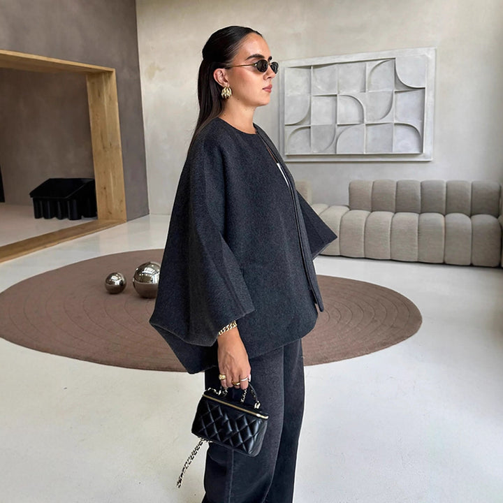 Women's Short Wool Blend Cape Jacket with Oversized Trumpet Sleeves Mune Fashion