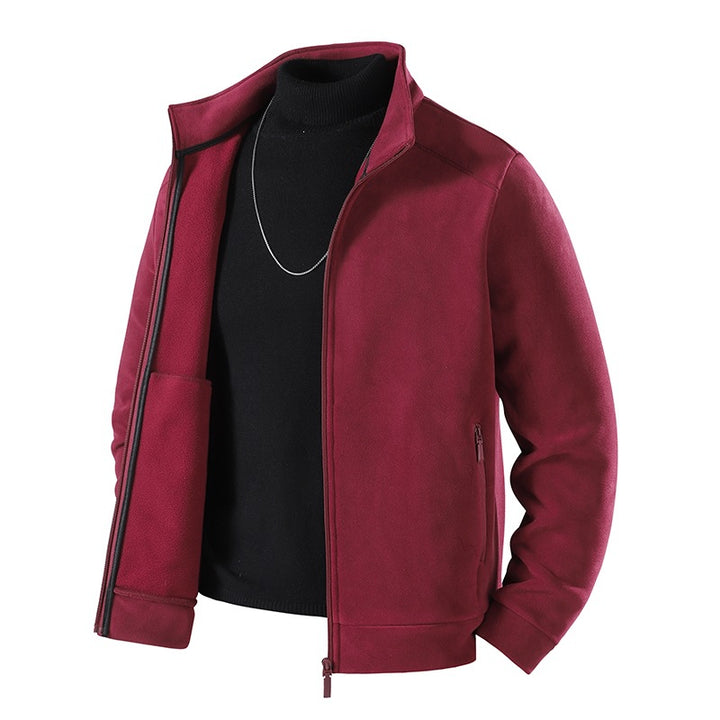 Men's Simple Velvet-Look Transition Jacket with High-Closing Stand-Up Collar, Concealed Two-Way Zipper & Zip Pockets