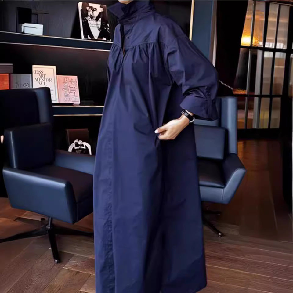 Women's Long Boxy Shirt Dress with High Stand Collar and Concealed Button Placket Mune Fashion