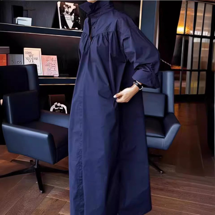 Women's Long Boxy Shirt Dress with High Stand Collar and Concealed Button Placket Mune Fashion