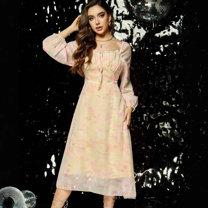 Women's midi dress with corset bustier, balloon sleeves, and A-line skirt Mune Fashion