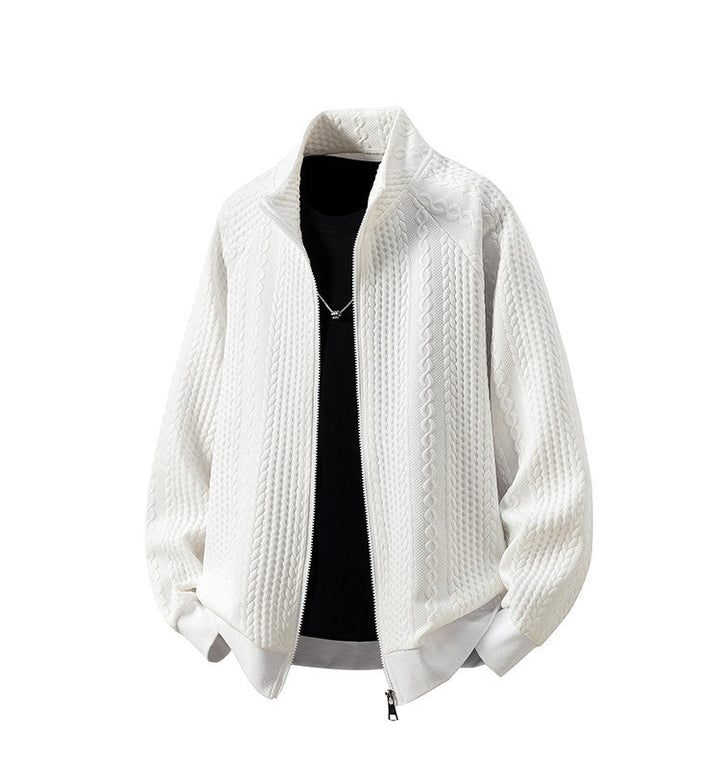 Men's Chunky Knit Zip Cardigan with Stand-Up Collar and Cable Pattern Mune Fashion