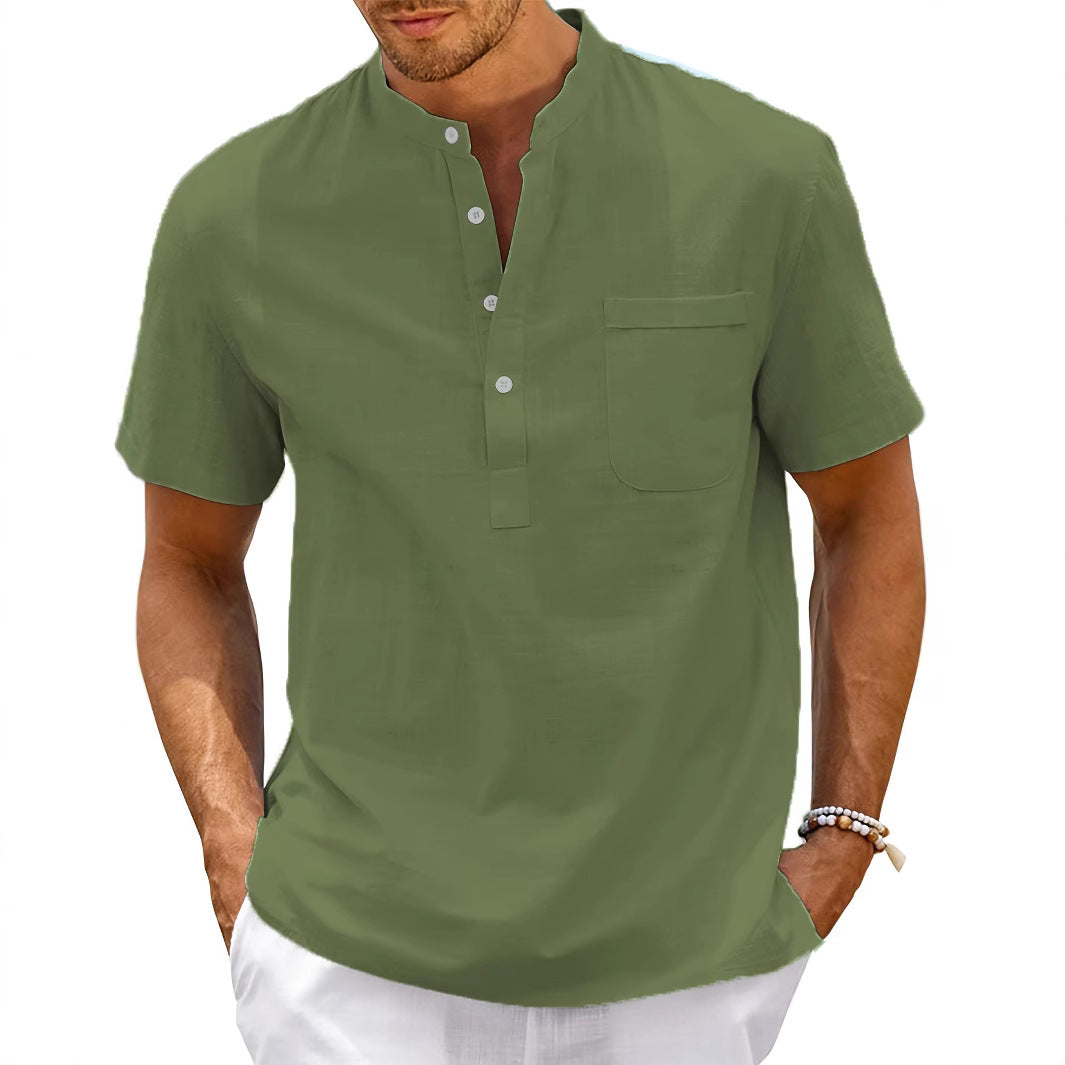 Men's Comfortable Short Sleeve Shirt with Stand Collar Mune Fashion