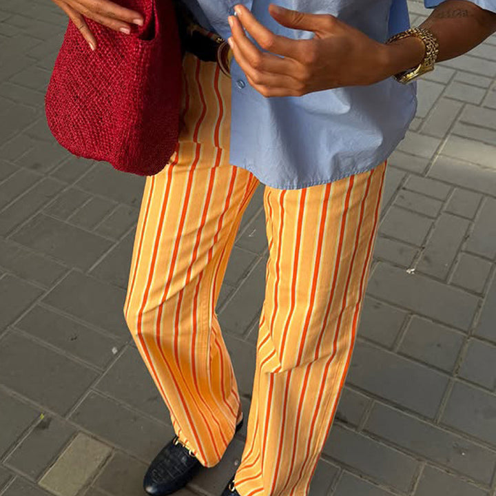 Women Wide Striped Linen Look Pants with High Waist and Straight Leg Mune Fashion