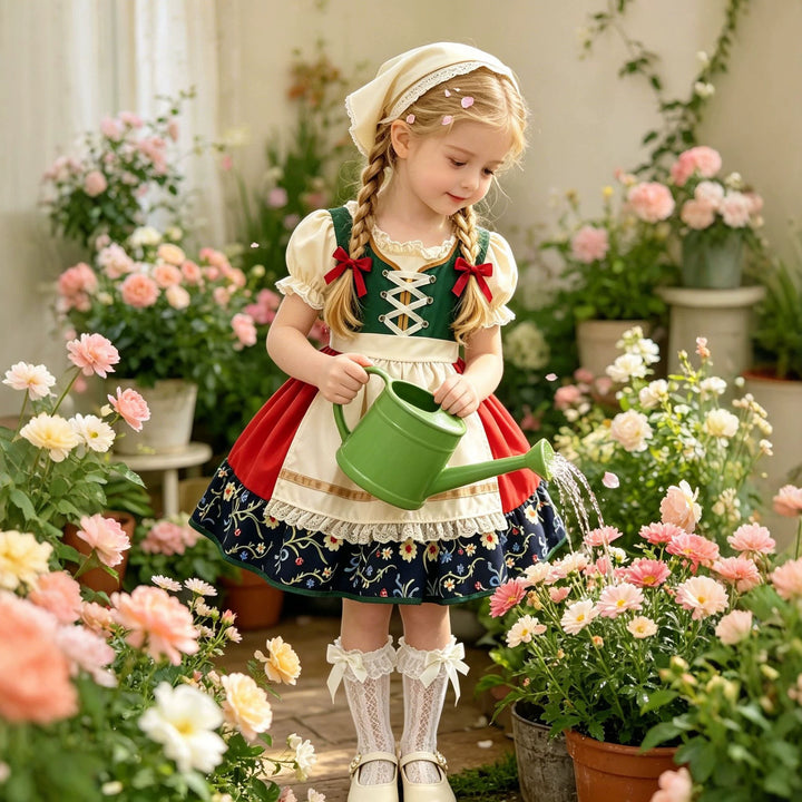 Women's traditional children's dirndl with embroidered skirt and lace apron Mune Fashion