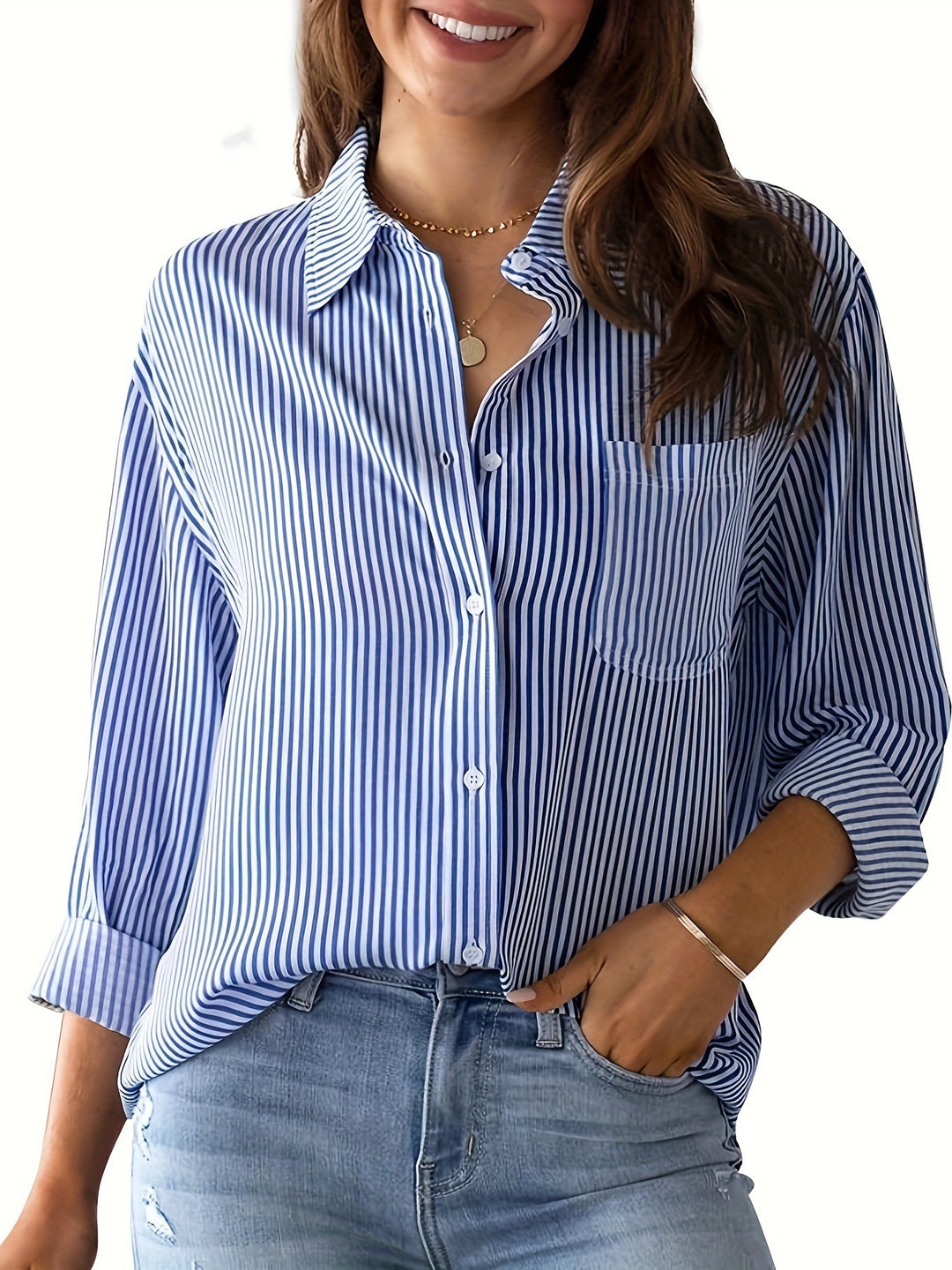 Women's Lightweight Oversized Shirt Blouse with Vertical Stripes, Kent Collar and Three-Quarter Sleeves Mune Fashion
