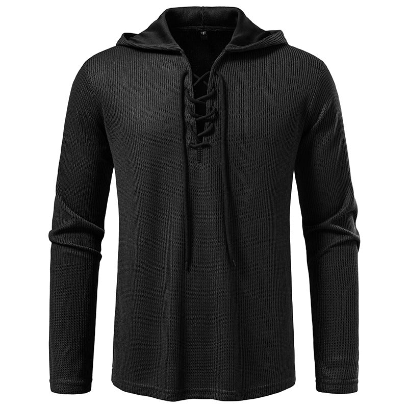Men's waffle knit hoodie with lace-up collar and straight hem Mune Fashion