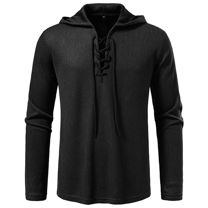 Men's waffle knit hoodie with lace-up collar and straight hem Mune Fashion