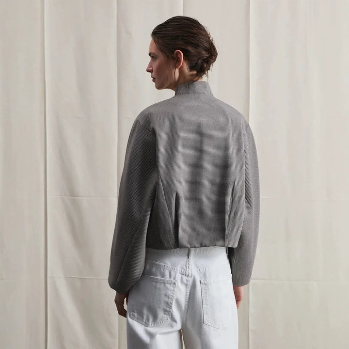Women's short bomber jacket with raglan sleeves, stand-up collar, and fine houndstooth pattern Mune Fashion