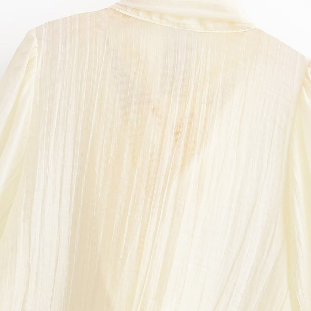 Women's Elegant Chiffon Blouse with Bow Collar, Pleated Detail and Balloon Sleeves Mune Fashion